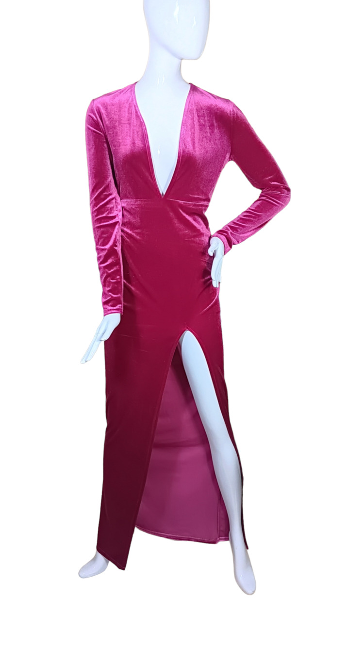 Nic & Jo Velvet Formal Dress Size Small Maxi Dark Pink Plunge Neckline